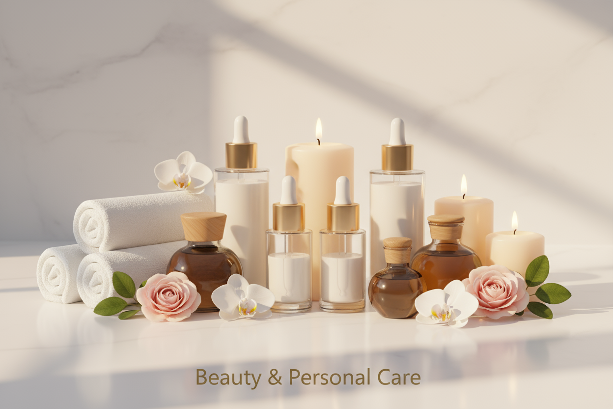 Generate a high-quality 3D image for a “Beauty & Personal Care Collection” category banner. Show an elegant, minimalistic spa-inspired setup featuring skincare bottles, face serum droppers, natural oils, and wellness accessories like candles, towels, and flowers. Use soft pastel tones (peach, cream, blush pink, and white) with warm lighting and gentle shadows. Include subtle text at the bottom center: “Beauty & Personal Care” in a modern, clean font. Image size: 1280 x 720 pixels, 16:9 ratio.