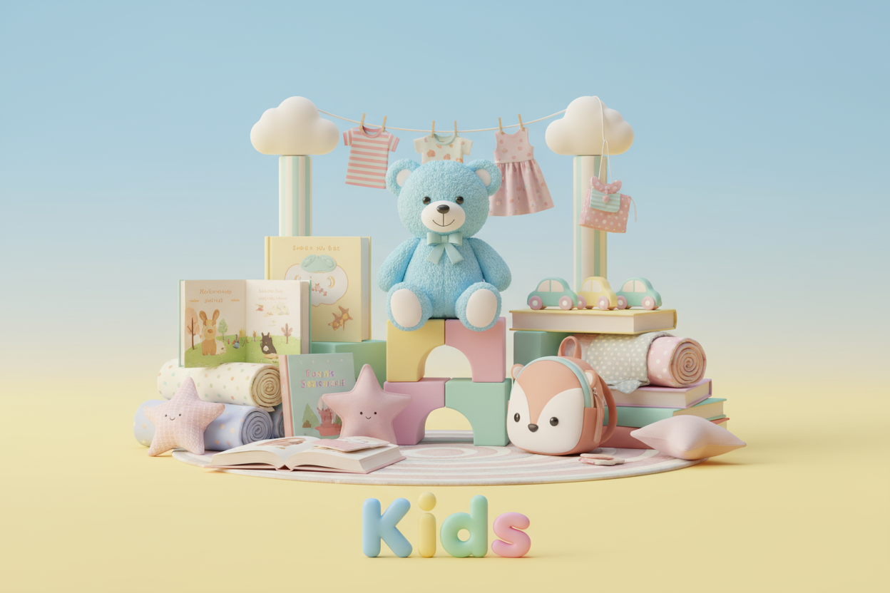 Generate a high-quality 3D image for a “Kids” collection banner. Create a bright, cheerful scene featuring playful toys, colorful clothes, books, and cozy accessories arranged in a fun, child-friendly setting. Use soft pastel colors like sky blue, sunshine yellow, mint green, and pink to evoke joy and warmth. Include gentle lighting and a clean background. Add text at the bottom center: “Kids” in a fun, rounded, childlike font. Image size: 1280 x 720 pixels, 16:9 ratio.